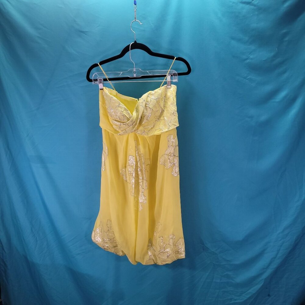 Nicole Miller Yellow Silk Chiffon Dress With Embroidered Floral Design Size 12 S